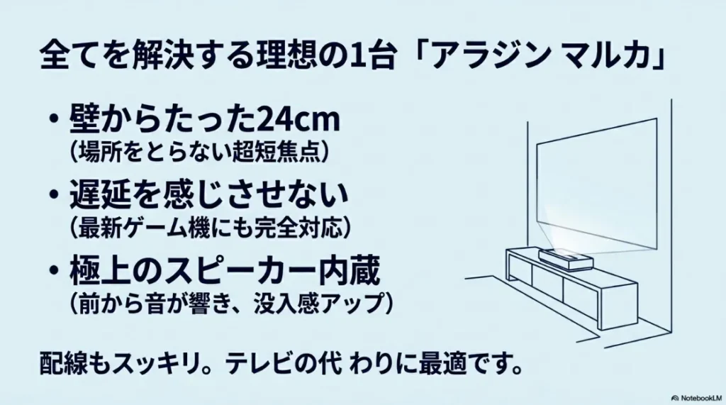 超短焦点プロジェクター「Aladdin Marca（アラジン マルカ）」の紹介。壁から24cmで設置可能、低遅延、高音質スピーカー内蔵といった特徴を解説。
