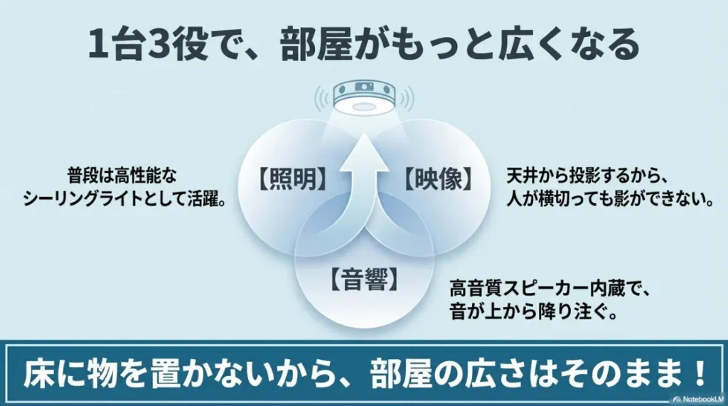 照明・映像・音響の1台3役をこなすアラジンの特徴。天井設置のため影ができず、床に物を置かないので部屋が広く使えるメリットを説明しています。