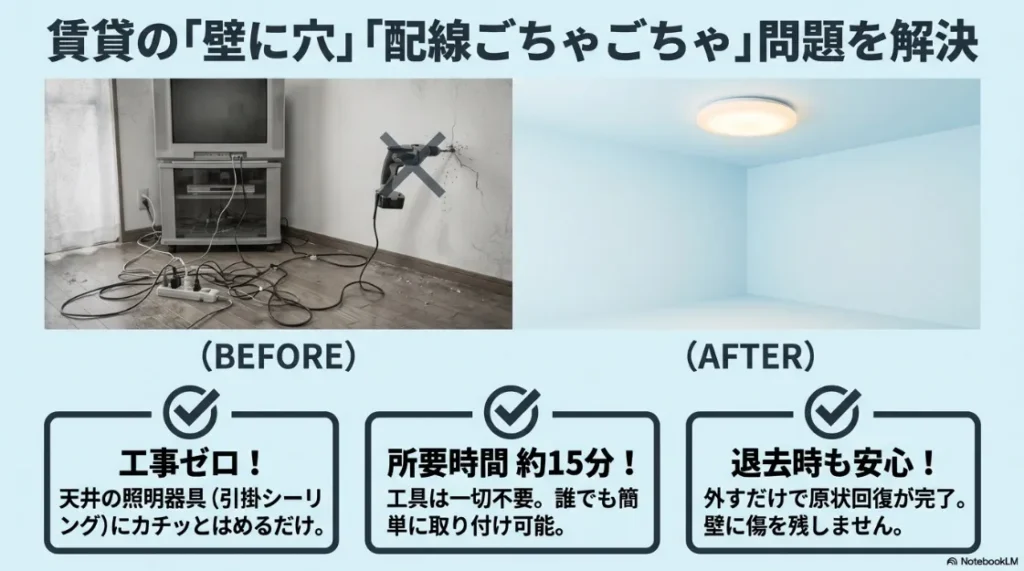 賃貸の配線問題を解決する設置方法。天井の引掛シーリングに工具不要、約15分でカチッとはめるだけで設置でき、退去時の原状回復も簡単であることを示しています。