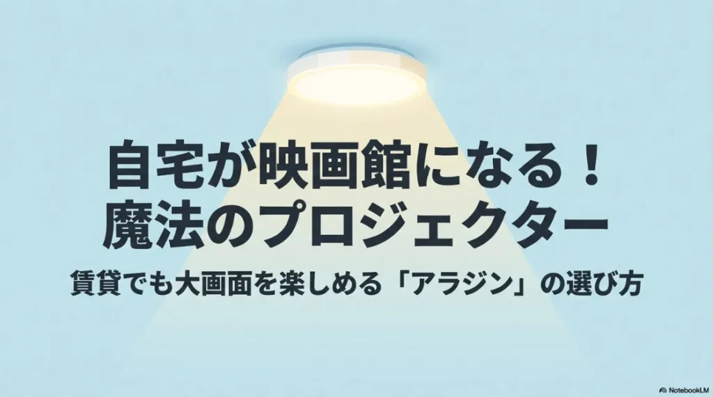 自宅を映画館にする魔法のプロジェクター「アラジン」の紹介スライド。賃貸でも大画面を楽しめる選び方を解説しています。