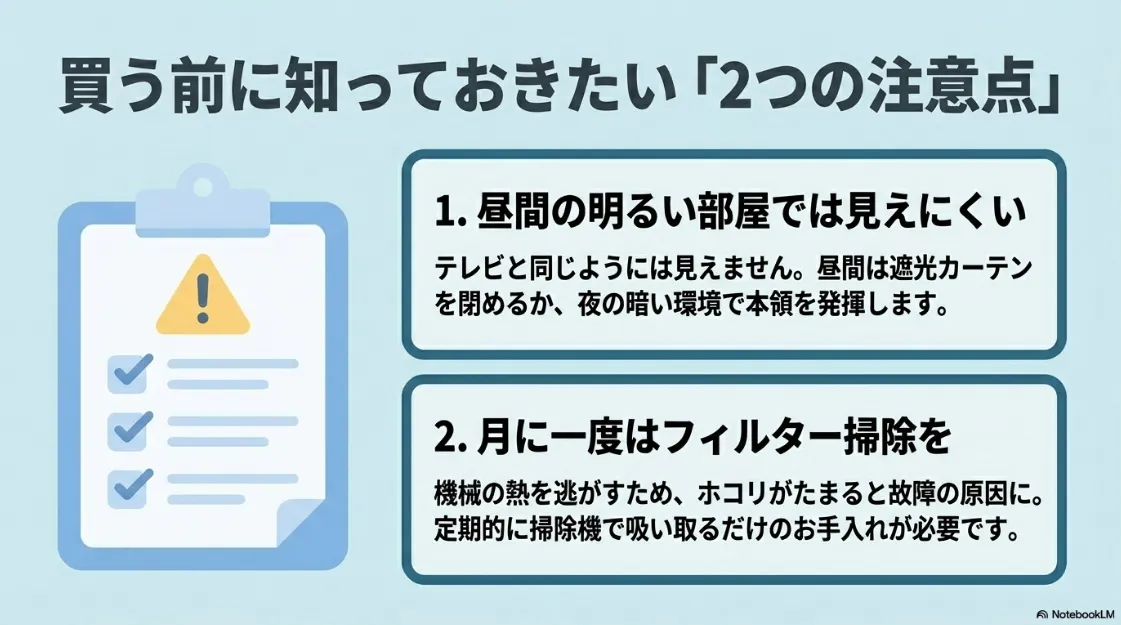 購入前に知っておきたい2つの注意点。昼間の明るい部屋では見えにくいことと、月に一度のフィルター掃除が必要であることを説明しています。