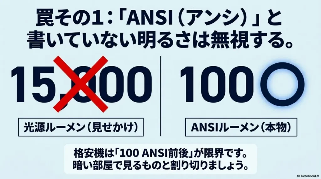 光源ルーメン（見せかけ）とANSIルーメン（本物）の違い。格安機は100 ANSI前後が限界であるという注意点。