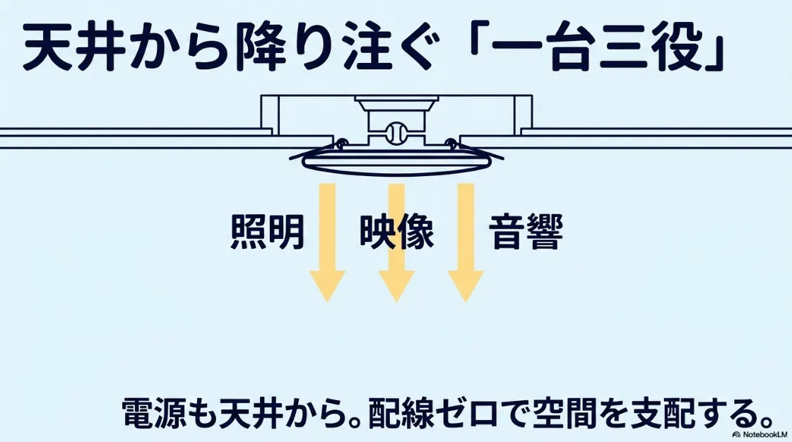 天井設置型3in1プロジェクターの仕組み：照明・映像・音響を一台に集約し配線ゼロを実現