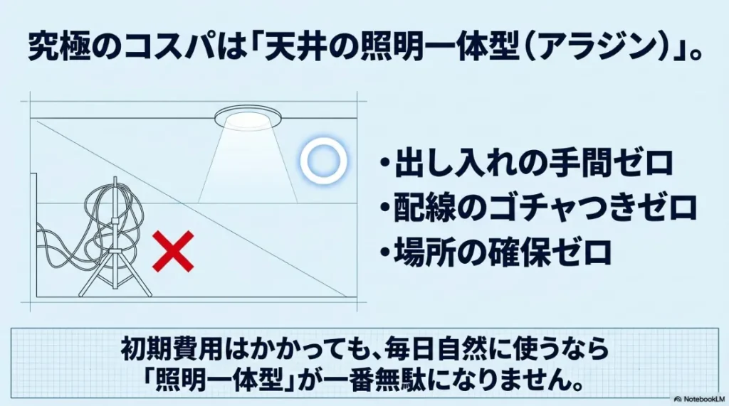 天井照明一体型プロジェクターなら、出し入れの手間、配線のゴチャつき、場所の確保がすべてゼロになるメリットの解説。
