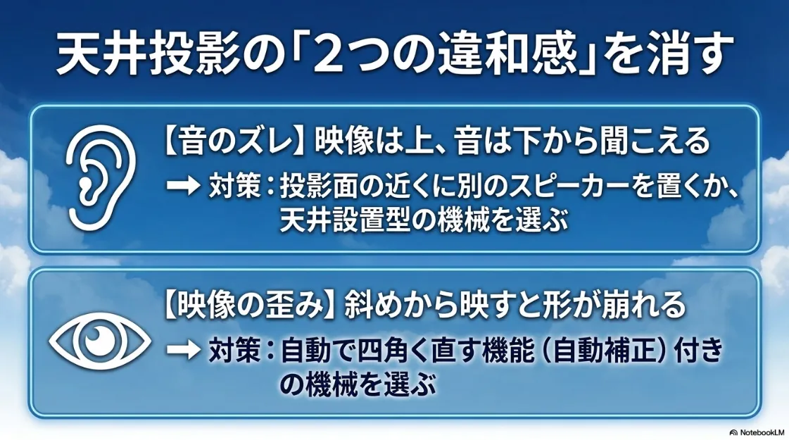 天井投影の音のズレと映像の歪みを解消する対策方法のまとめ