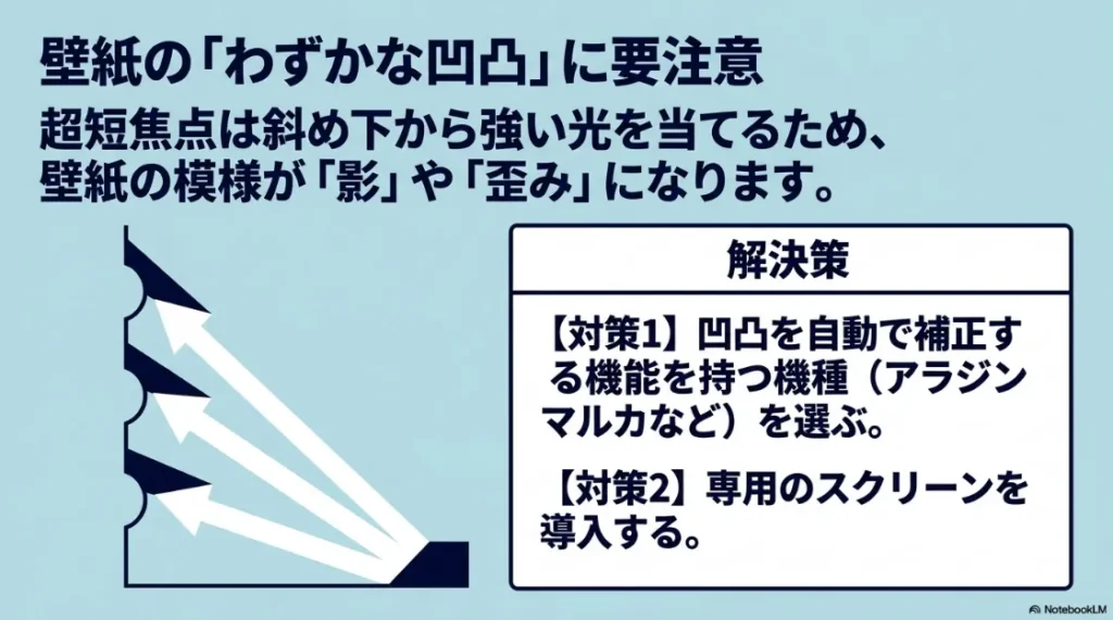 超短焦点プロジェクターの光が壁紙の凹凸で影や歪みを作る仕組みと補正・スクリーンの解決策