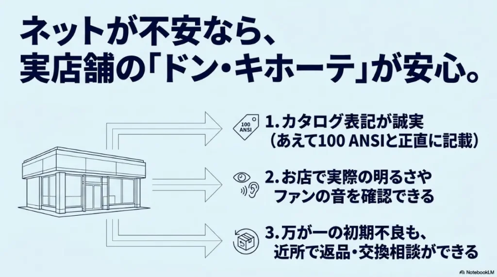 ドン・キホーテで買うメリット。カタログ表記が誠実（ANSI記載）、店舗で明るさや音を確認できる、返品・交換相談ができる。