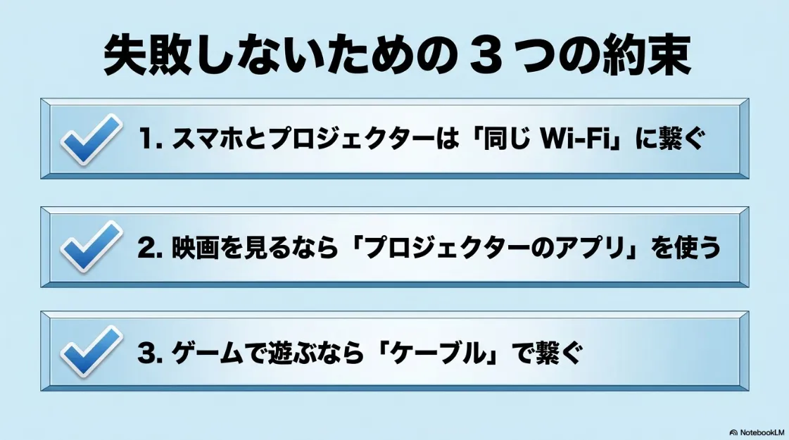失敗しないための3つの約束 。1.同じWi-Fiに繋ぐ 、2.映画はアプリを使う 、3.ゲームはケーブルで繋ぐ