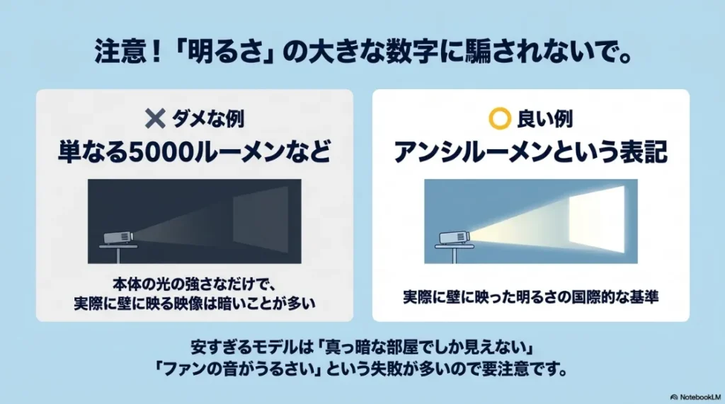 単なるルーメン表記と、国際基準であるアンシルーメン（ANSI）の違いについての解説。安すぎるモデルへの注意喚起