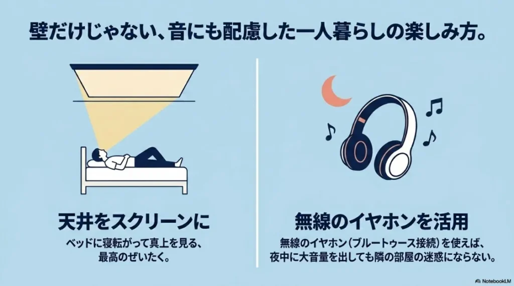 天井をスクリーンにして寝転んで見る贅沢な体験と、Bluetoothイヤホンで夜間も大音量を楽しむ方法