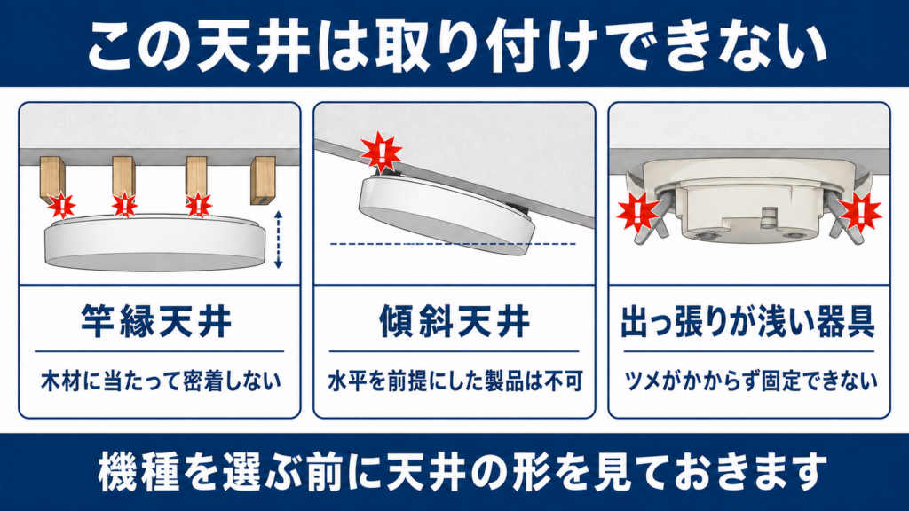 竿縁天井・傾斜天井・出っ張りの浅い器具という取り付けできない3つの例