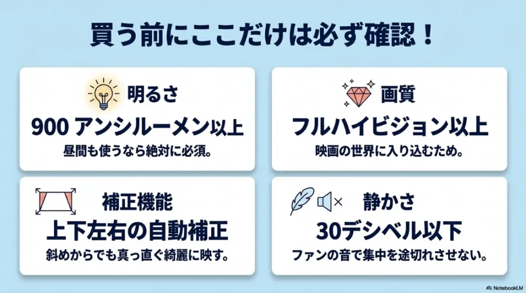 明るさ（900ANSIルーメン以上）、補正機能、画質、静音性など、購入前に確認すべき必須スペックのまとめ