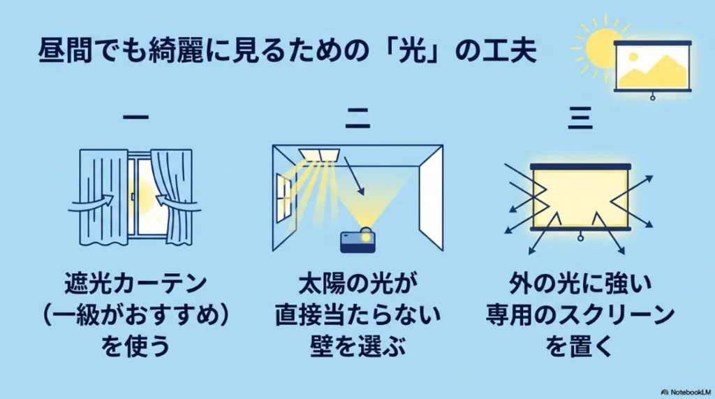 テレビの直接光とプロジェクターの反射光の違いによる目への優しさを説明する図解スライド