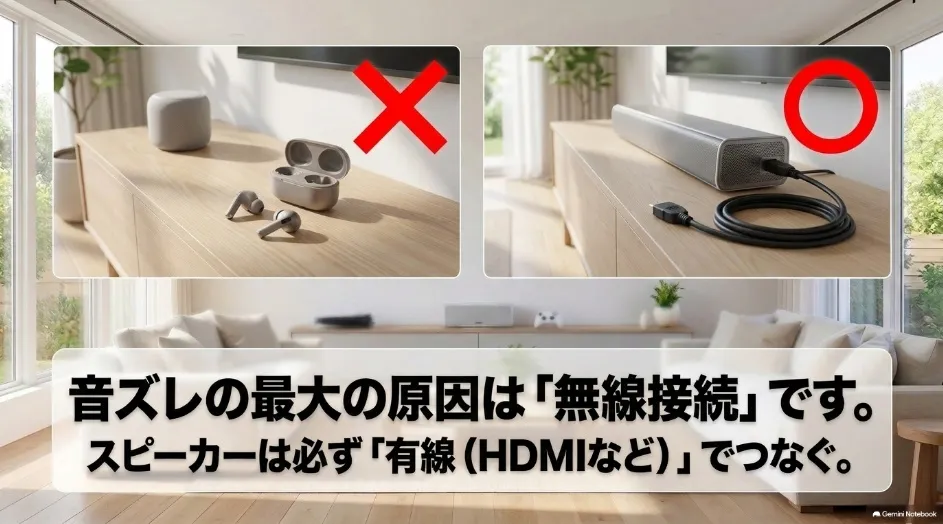 プロジェクターでゲームをするときの音ズレ対策として無線接続を避けHDMIなどの有線接続を推奨する図