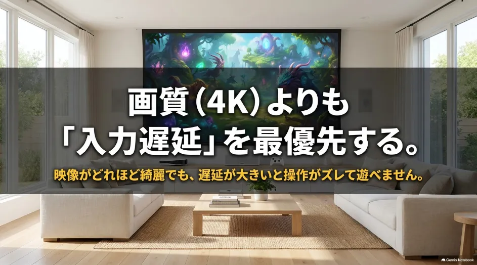 プロジェクターでゲームをする際は4K画質より入力遅延を優先することを示したスライド