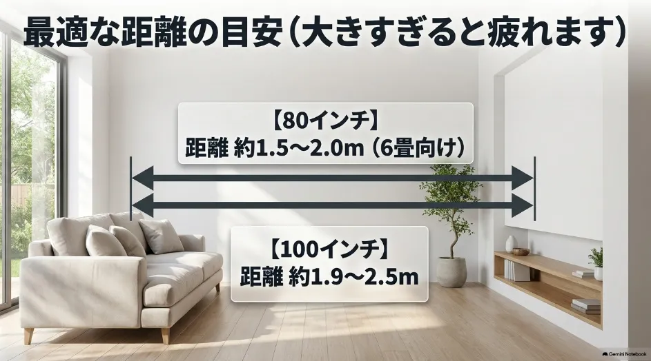 ゲーム用プロジェクターで80インチと100インチの画面を見る際の推奨視聴距離を示した図