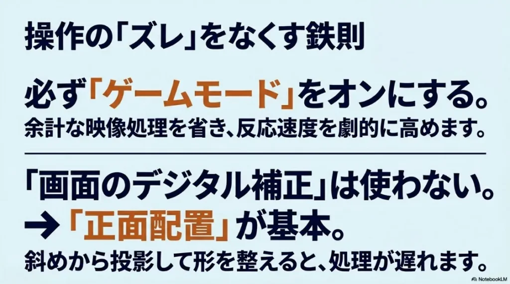 操作のズレをなくす鉄則。ゲームモードをオンにすること、画面のデジタル補正（台形補正）を使わず正面配置を基本にすることを推奨している