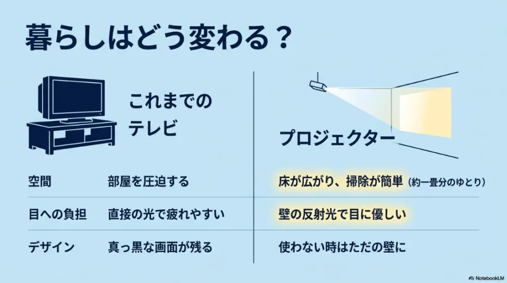プロジェクター導入でテレビ台が不要になり部屋が広く使える様子を比較したスライド