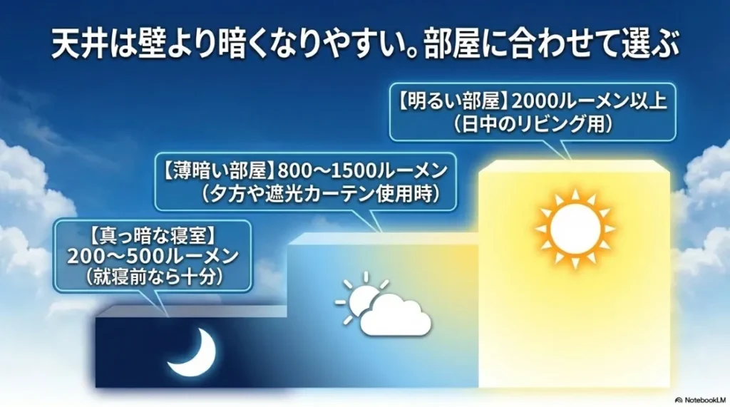 部屋の明るさに合わせた推奨ルーメン数（明るさ）の目安表
