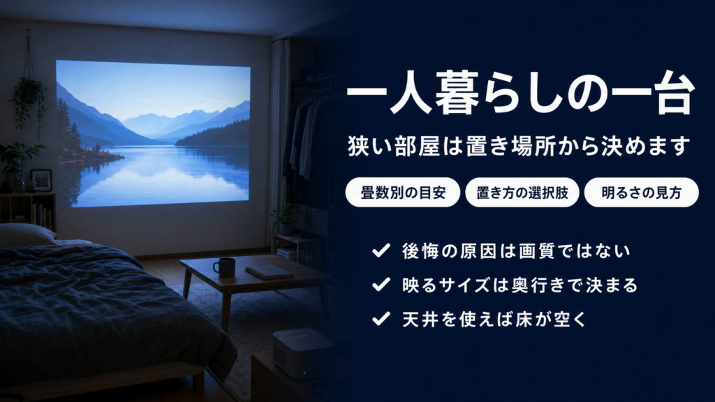 一人暮らしのワンルームで壁に大画面を投影している様子のアイキャッチ画像