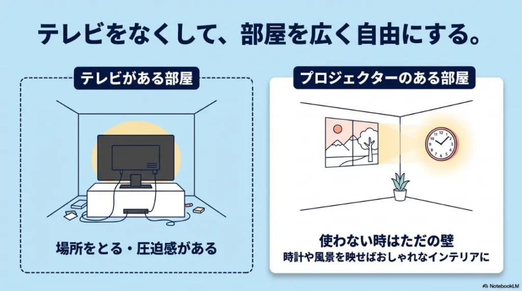テレビがある部屋の圧迫感と、プロジェクターを使って壁をインテリアや時計として活用し、部屋を広く使う比較画像