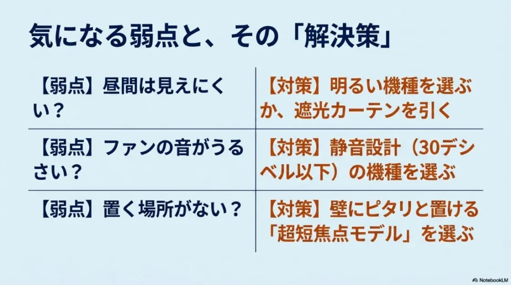 プロジェクターの弱点と解決策のまとめ。昼間の見えにくさ、ファンの音、設置場所に対する具体的な対策をリストアップ。