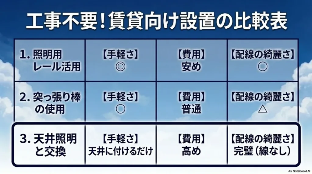 賃貸向けの工事不要なプロジェクター設置方法（照明レール・突っ張り棒・天井照明交換）の比較表