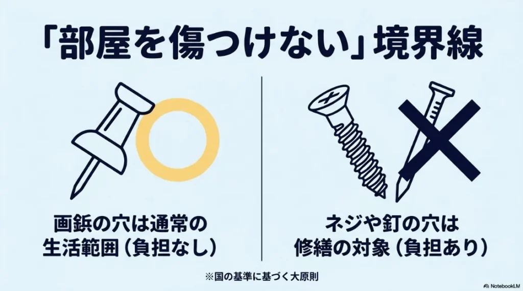 賃貸の原状回復境界線：ネジ・釘穴は修繕負担あり、画鋲の穴は負担なしの基準