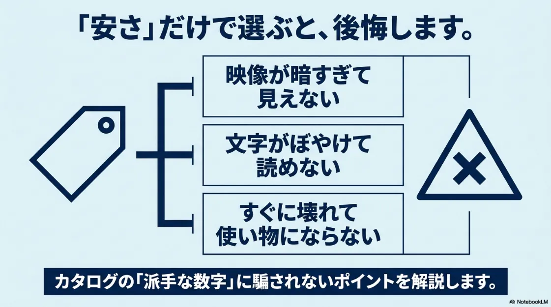 安さだけで選ぶと「映像が暗い」「文字がぼやける」「すぐ壊れる」といった後悔の原因になることを説明するイメージ図。