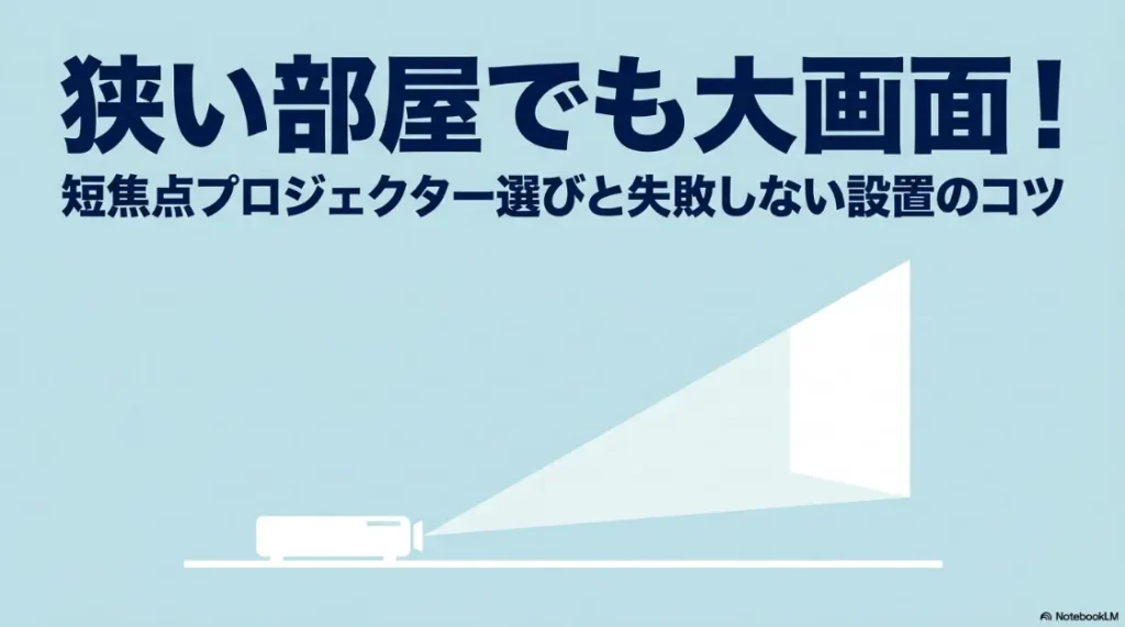 狭い部屋での短焦点プロジェクター選びと設置のコツを解説するスライドの表紙画像