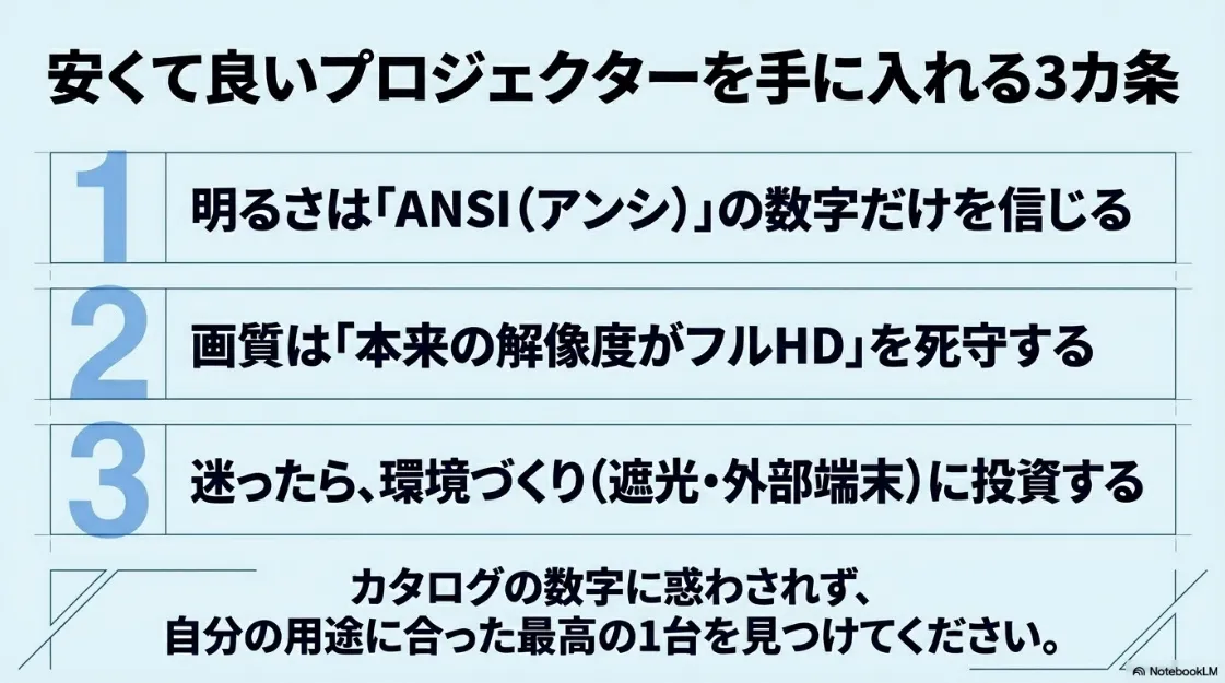 安くて良いプロジェクターを手に入れる3カ条。1.ANSIを信じる、2.フルHDを死守する、3.環境づくりに投資する。