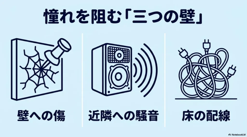 賃貸ホームシアターの導入を阻む三つの壁：壁への傷・近隣への騒音・床の配線