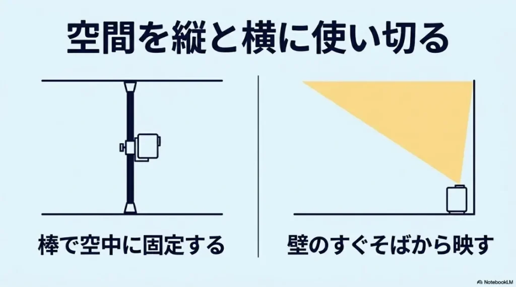 突っ張り棒による空中固定と超短焦点モデルによる壁際投影での空間活用術