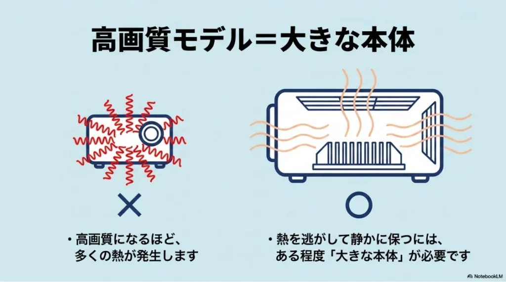 高画質モデルほど熱が発生しやすいため、静音性を保つには大きな本体が必要であることを示す比較図