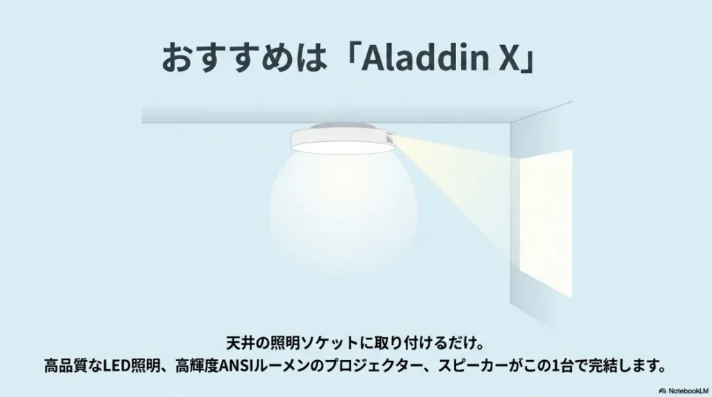照明ソケットに取り付けるAladdin Xのイラスト。LED照明、高輝度プロジェクター、スピーカーが1台に完結。