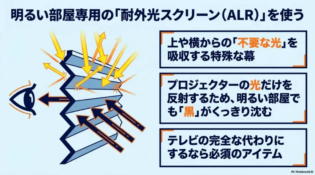 耐外光スクリーン（ALR）の仕組み。不要な光を吸収し、プロジェクターの光だけを反射して黒をくっきりさせる特殊な幕の図解。