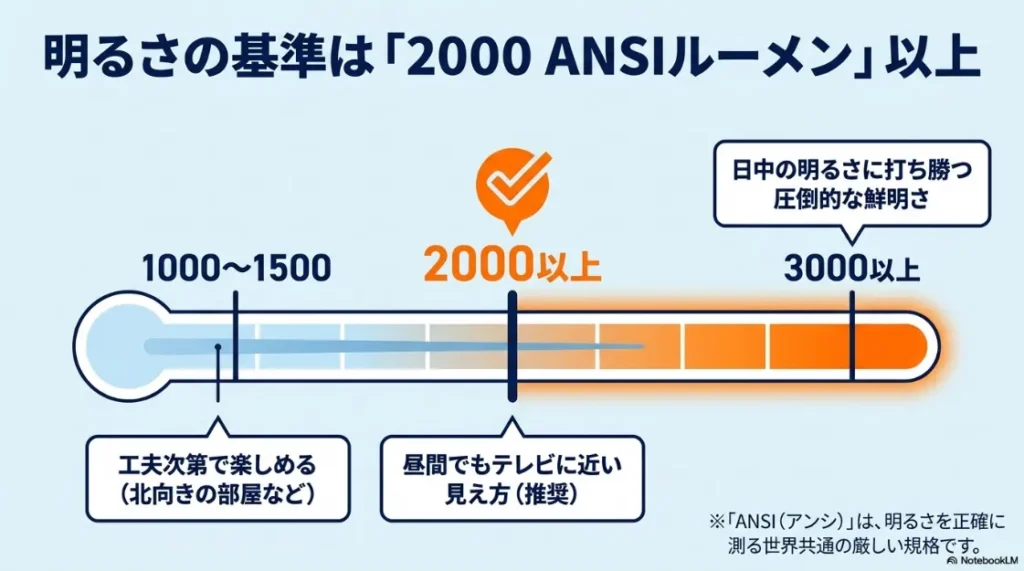 プロジェクターの明るさ基準表。1000〜1500ANSIは工夫が必要、2000以上は推奨、3000以上は圧倒的な鮮明さ。