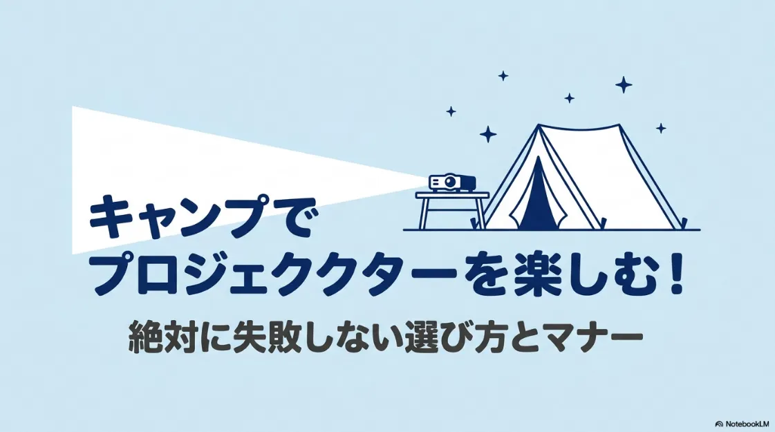 キャンプでプロジェクターを楽しむための選び方とマナーを紹介する表紙スライド。テントとプロジェクターのイラスト付き。