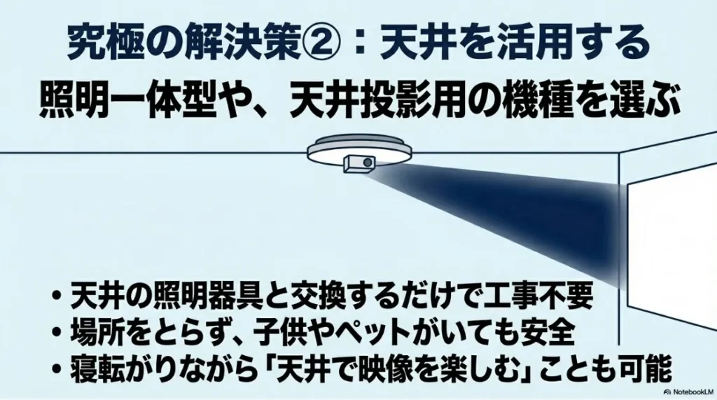 天井設置型プロジェクターのメリットを説明するイメージ図