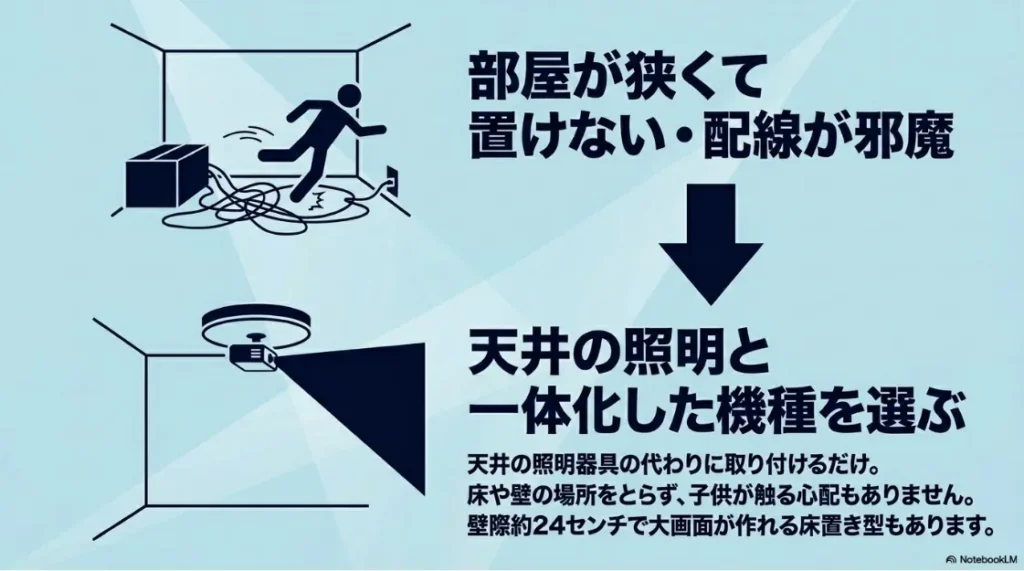 部屋が狭くて配線が邪魔な場合は天井照明一体型のプロジェクターを選ぶ