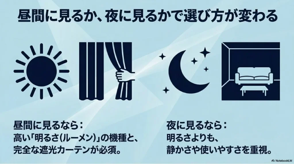 プロジェクターは昼間に見るか、夜に見るかで選び方が変わる