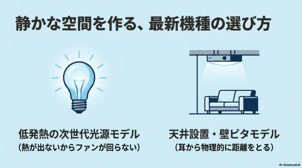 低発熱のLED光源モデルや天井設置モデルなど静かなプロジェクターの選び方