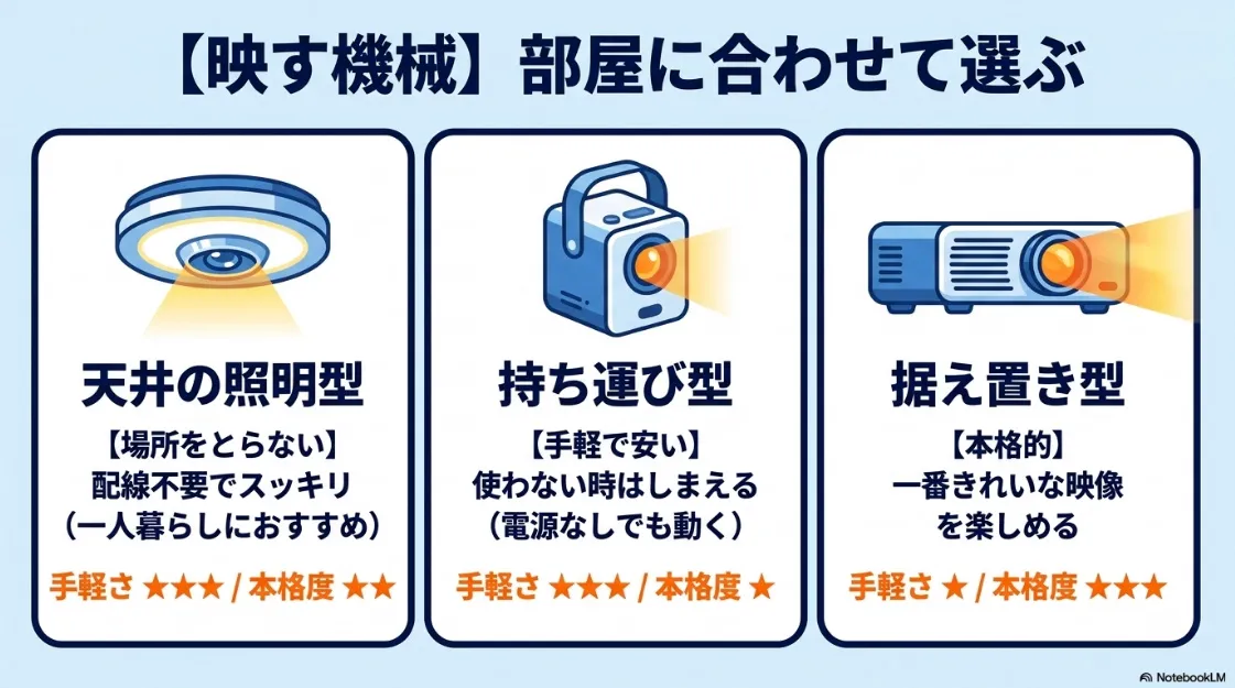 天井照明型、持ち運び型、据え置き型の特徴と、部屋に合わせた選び方を比較したスライド
