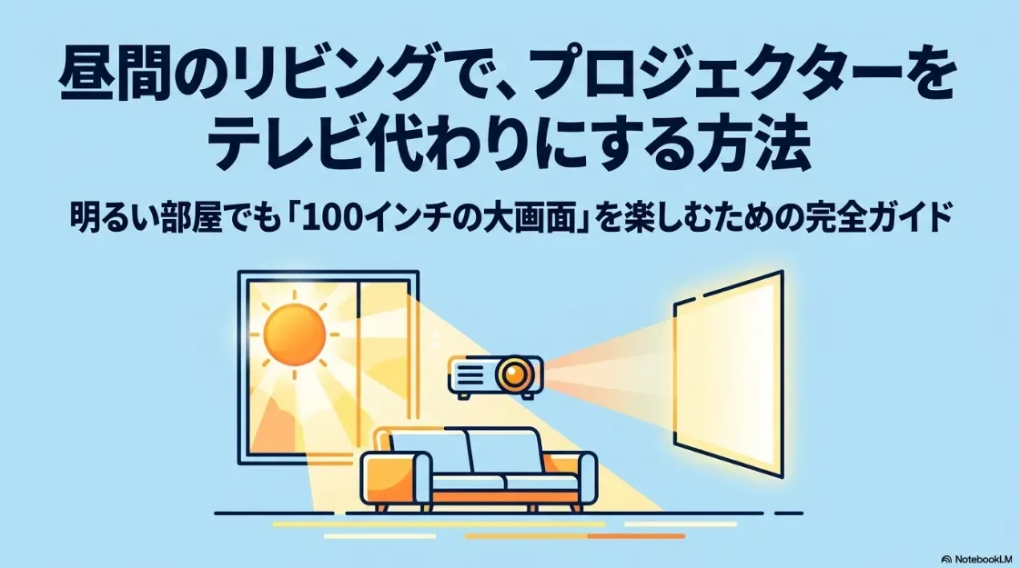昼間のリビングでプロジェクターを楽しむための完全ガイド。テレビ代わりに大画面を使いこなす方法。