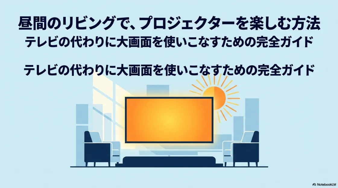 昼間のリビングでプロジェクターを楽しむための完全ガイド。テレビ代わりに大画面を使いこなす方法。