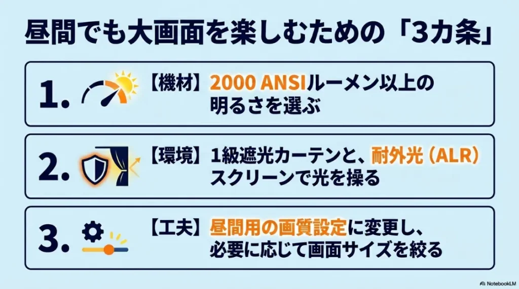 昼間でも大画面を楽しむための3カ条。2000ANSI以上の機材選び、1級遮光とALRスクリーンの環境作り、画質設定とサイズ絞り。