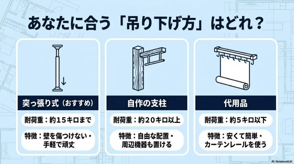 突っ張り式、自作支柱、代用品（ロールスクリーン）の3つの吊り下げ方法の比較。耐荷重や特徴をまとめた表