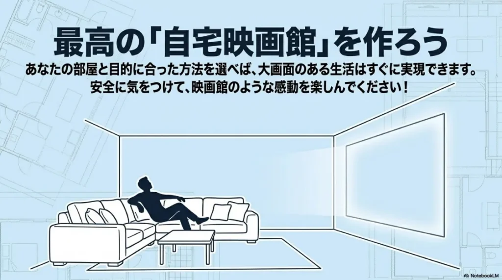 最高の自宅映画館を作ろうというメッセージ。自分に合った方法で大画面生活を実現することを促すまとめスライド