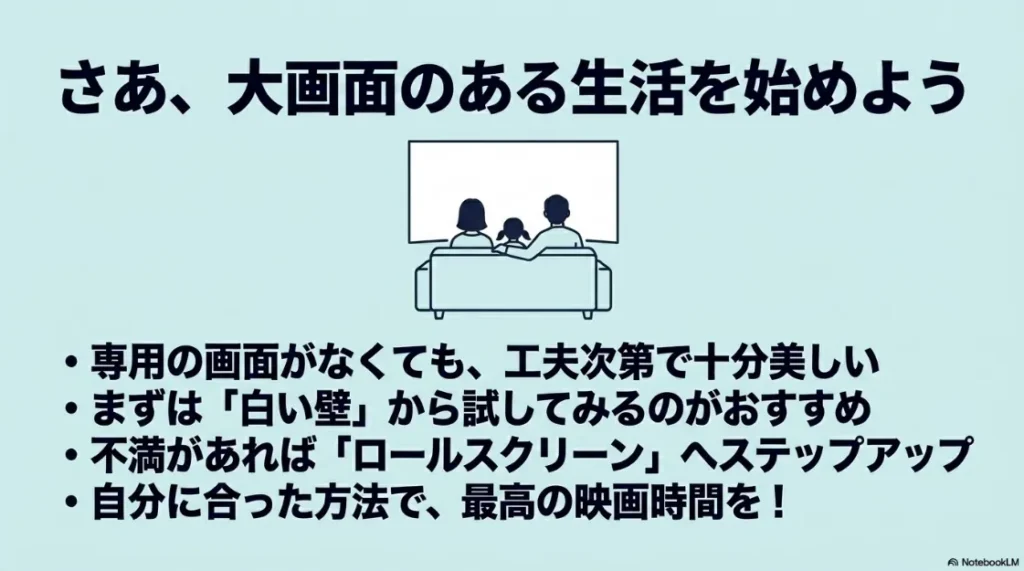 白い壁やロールスクリーンを活用して自分に合った方法でホームシアターを始めるまとめ