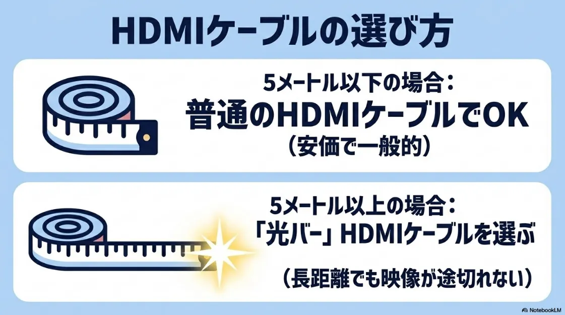 接続距離に応じたHDMIケーブルの選び方（5m以下は標準、5m以上は光ファイバーHDMI）の解説。